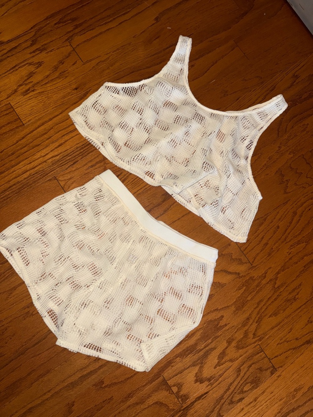 Source Unknown White Crocheted Mesh Shorts Set
